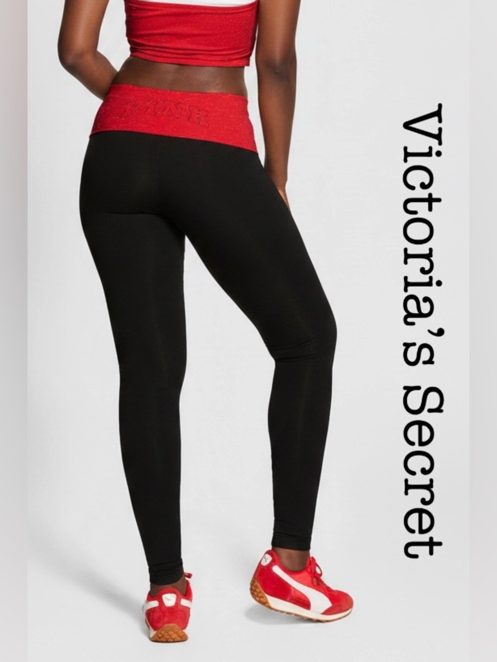 New Victoria's Secret Black Leggings with Red Fold over High Waistband Size S